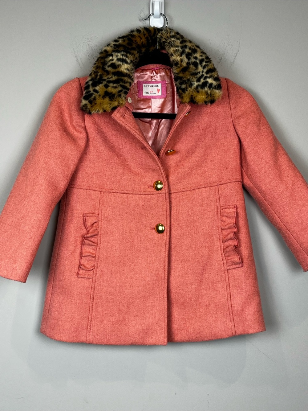 J. Crew Crewcuts Pink Girls Leopard Ruffle trim Wool Coat Girl's Size 6-7